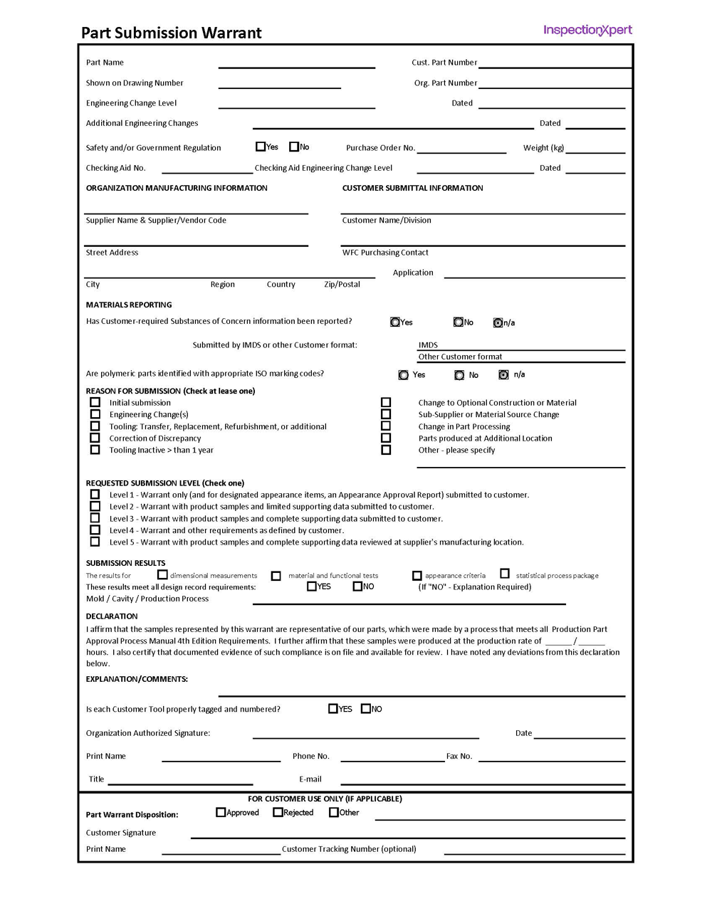 PPAP Part Submission Warrant